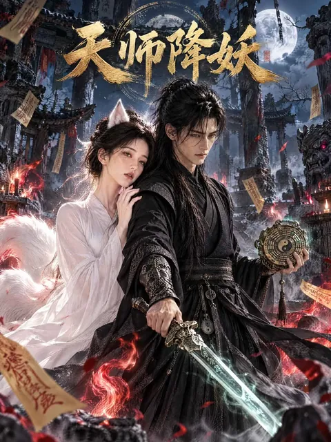 短剧《天师降妖》封面，月下古庙前，狐耳女子与持剑天师